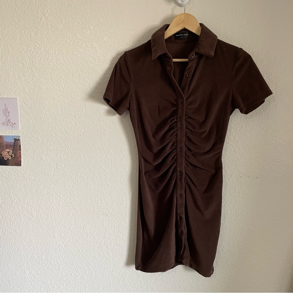 White Fox Terrycloth Brown Button Down Collared Mini Dress Short Sleeve Rouched